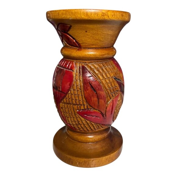 Hand-Carved Central American Wood Shallow Bud Vase – Red Floral Relief – Small R - Picture 2 of 5